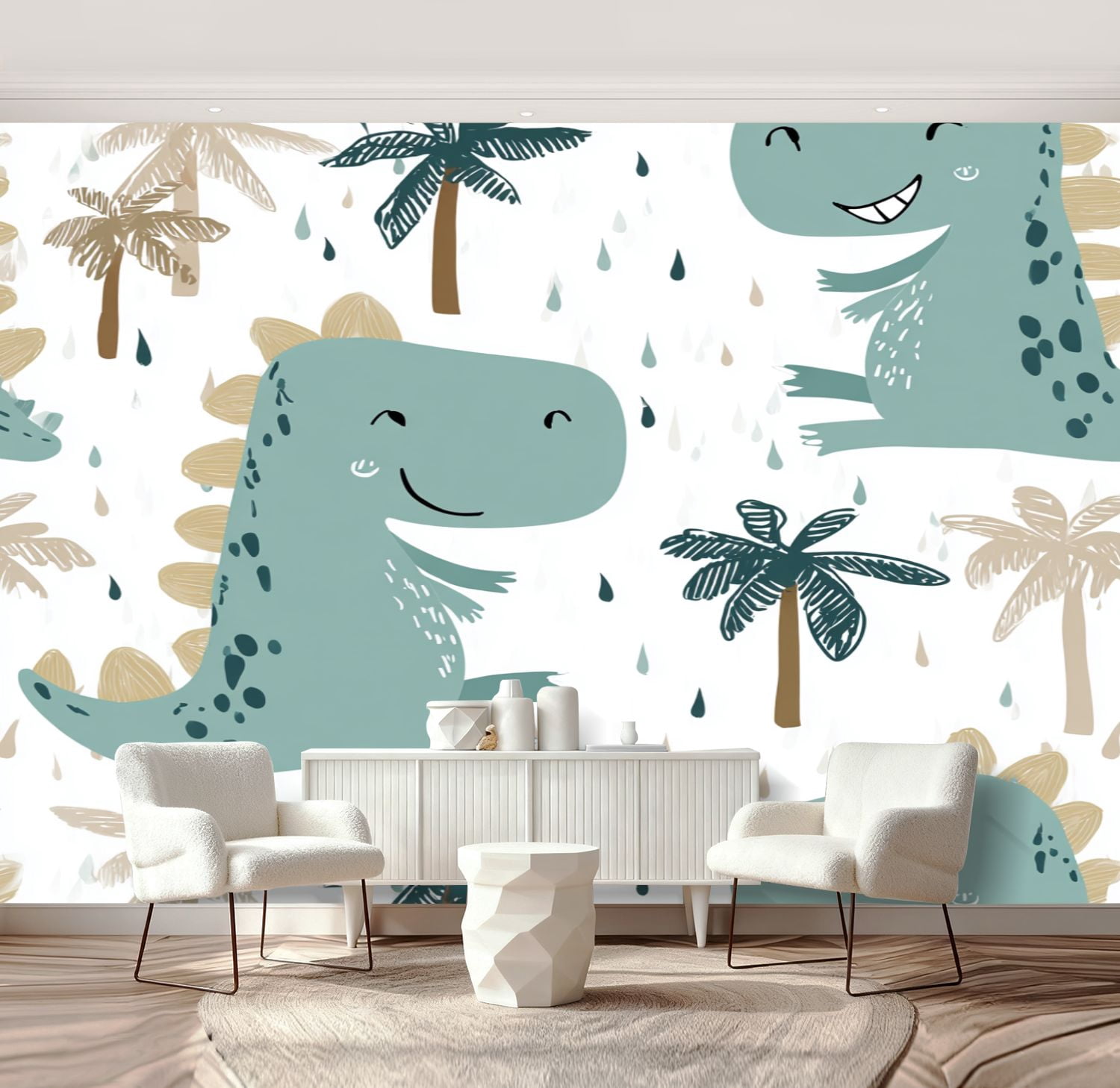 Wall Mural Peel and Stick Dinosaur baby boy seamless Sweet dino palm Scandinavian Self-Adhesive Wallpaper Removable Wall Decal Wall Sticker Home Decor for Living Room Bedroom 69"x96"