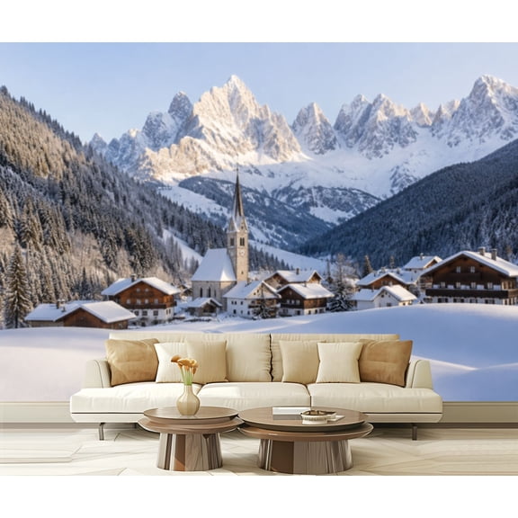 Wall Mural Peel and Stick Dolomites mountain peaks Val di Funes village winter South Tyrol Italy Self-Adhesive Wallpaper Removable Wall Decal Wall Sticker Home Decor for Living Room Bedroom 100"x144"