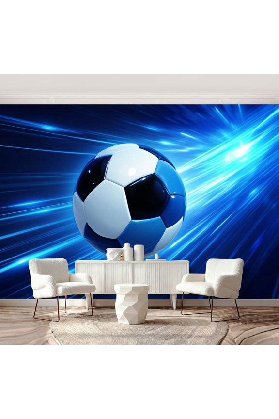 Wall Mural Peel and Stick Dynamic Blue White Soccer Ball Neon Light Streaks Dark Self-Adhesive Wallpaper Removable Wall Decal Wall Sticker Home Decor for Living Room Bedroom 69"x96"