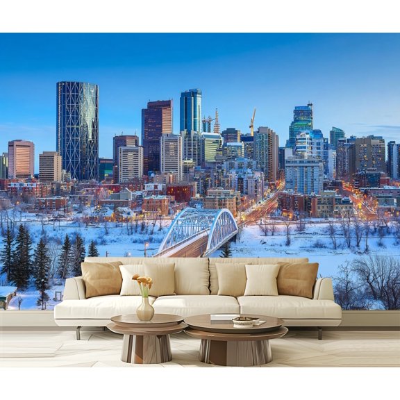 Wall Mural Peel and Stick Edmonton Downtown Skyline Just After Sunset Winter Self-Adhesive Wallpaper Removable Wall Decal Wall Sticker Home Decor for Living Room Bedroom 100"x144"