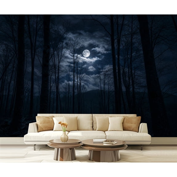 Wall Mural Peel and Stick Eerie Night Forest Scene Full Moon Silhouetted Trees Self-Adhesive Wallpaper Removable Wall Decal Wall Sticker Home Decor for Living Room Bedroom 100"x144"