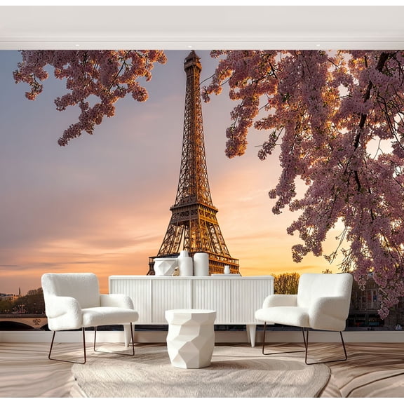 Wall Mural Peel and Stick Eiffel Tower Sunset Cherry Blossom Trees Spring Self-Adhesive Wallpaper Removable Wall Decal Wall Sticker Home Decor for Living Room Bedroom 69"x96"
