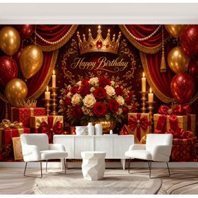 Wall Mural Peel and Stick Elegant Birthday Party Setting Red Roses Golden Decorations Self-Adhesive Wallpaper Removable Wall Decal Wall Sticker Home Decor for Living Room Bedroom 69"x96"