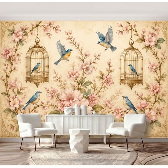 Wall Mural Peel and Stick Elegant Cherry Blossom Bird Soft Pastel Tones Self-Adhesive Wallpaper Removable Wall Decal Wall Sticker Home Decor for Living Room Bedroom 69"x96"