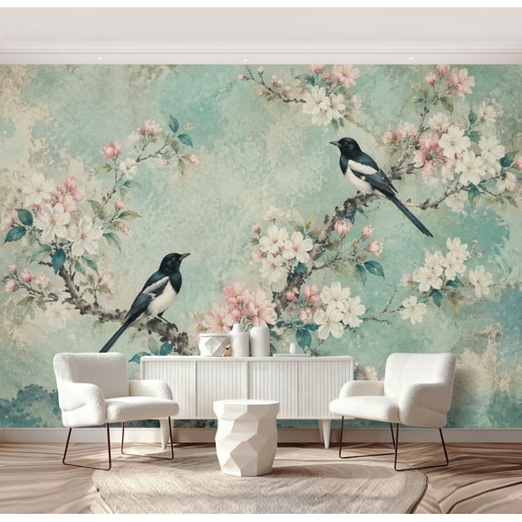 Wall Mural Peel and Stick Elegant Cherry Blossom Tree Birds Traditional Asian Art Style Self-Adhesive Wallpaper Removable Wall Decal Wall Sticker Home Decor for Living Room Bedroom 69"x96"