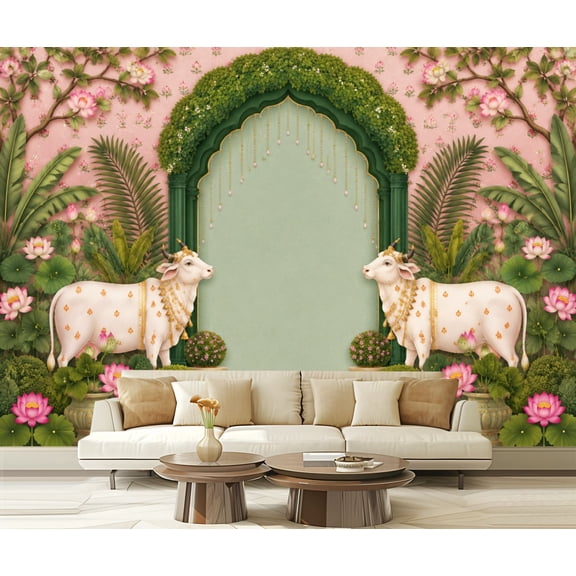 Wall Mural Peel and Stick Elegant Floral Arch Sacred Cows Lotus Flowers Traditional Indian Style Self-Adhesive Wallpaper Removable Wall Decal Wall Sticker Home Decor for Living Room Bedroom 100"x144"
