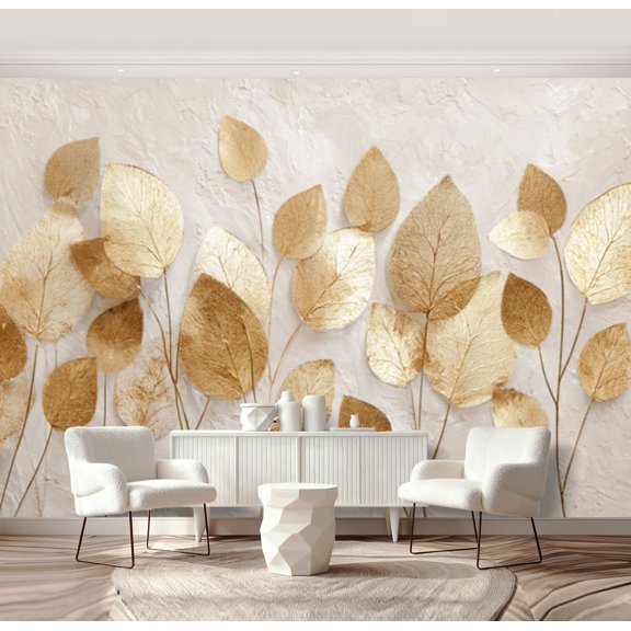 Wall Mural Peel and Stick Elegant Gold Neutral Leaf Self-Adhesive Wallpaper Removable Wall Decal Wall Sticker Home Decor for Living Room Bedroom 69"x96"