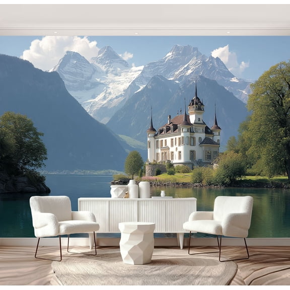 Wall Mural Peel and Stick Elegant Lakeside Castle Snow Capped Mountains Reflections Water Self-Adhesive Wallpaper Removable Wall Decal Wall Sticker Home Decor for Living Room Bedroom 69"x96"