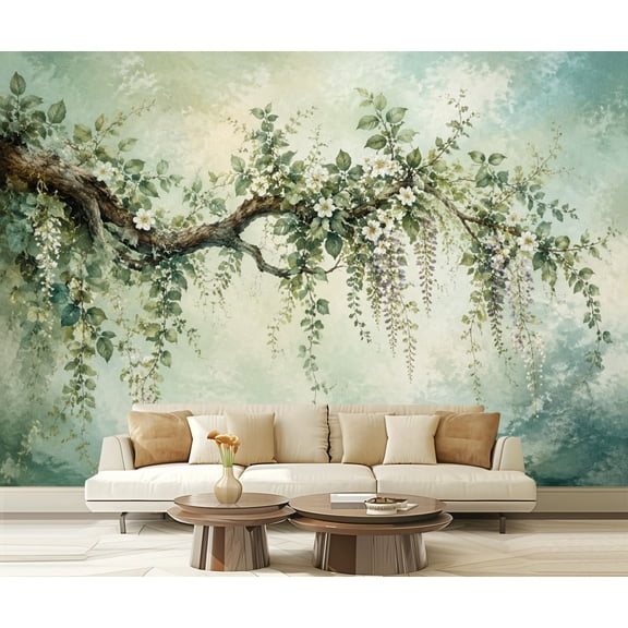 Wall Mural Peel and Stick Elegant Watercolor Tree Branch Hanging Green Leaves Soft Pastel Self-Adhesive Wallpaper Removable Wall Decal Wall Sticker Home Decor for Living Room Bedroom 100"x144"