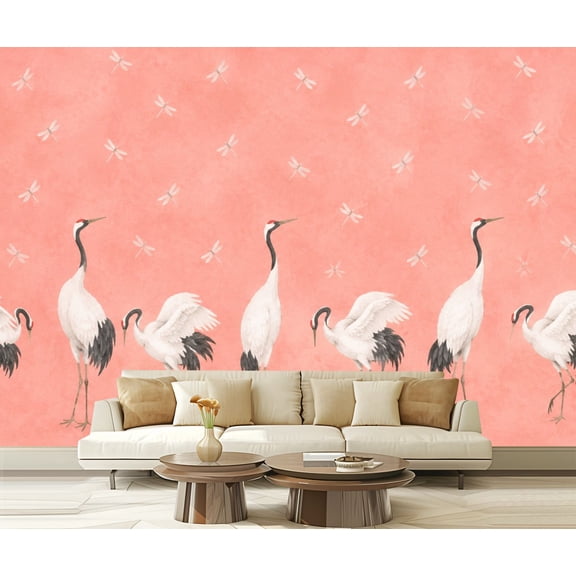 Wall Mural Peel and Stick Elegant White Cranes Pink Dragonflies Self-Adhesive Wallpaper Removable Wall Decal Wall Sticker Home Decor for Living Room Bedroom 100"x144"