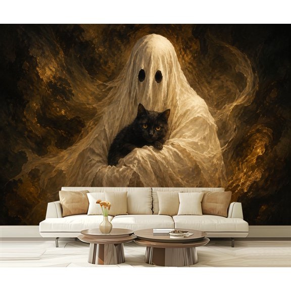 Wall Mural Peel and Stick Ethereal Ghost Holding Cat Mystical Smoky Atmosphere Black Self-Adhesive Wallpaper Removable Wall Decal Wall Sticker Home Decor for Living Room Bedroom 100"x144"