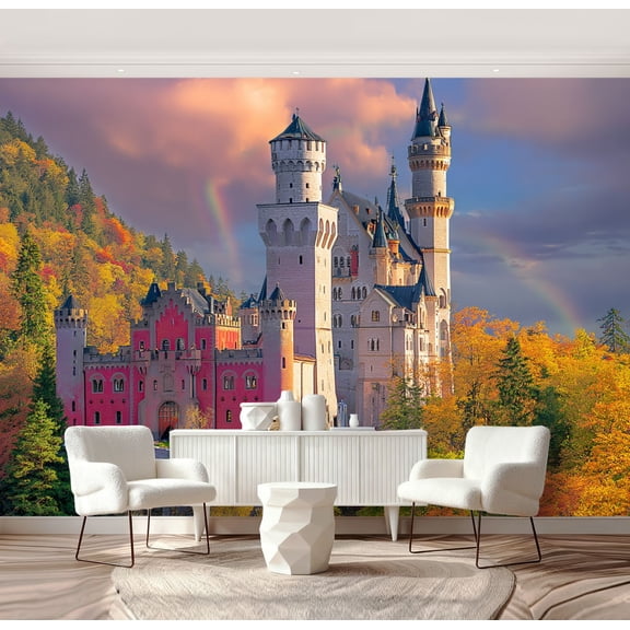 Wall Mural Peel and Stick Fairy Tale Castle Surrounded by Autumn Forest Rainbow Sky Self-Adhesive Wallpaper Removable Wall Decal Wall Sticker Home Decor for Living Room Bedroom 69"x96"