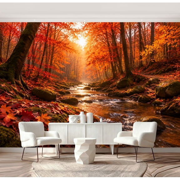 Wall Mural Peel and Stick Fall Autumn Forest Stream Golden Sunlight Fallen Maple Leaves Self-Adhesive Wallpaper Removable Wall Decal Wall Sticker Home Decor for Living Room Bedroom 69"x96"