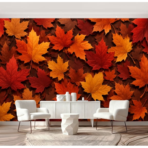 Wall Mural Peel and Stick Fall Autumn Maple Leaves Warm Red Orange Tones Self-Adhesive Wallpaper Removable Wall Decal Wall Sticker Home Decor for Living Room Bedroom 69"x96"