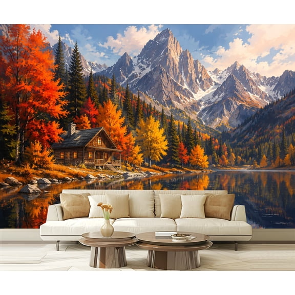 Wall Mural Peel and Stick Fall Rustic Cabin by Serene Autumn Lake Mountain Peaks Vibrant Foliage Self-Adhesive Wallpaper Removable Wall Decal Wall Sticker Home Decor for Living Room Bedroom 100"x144"