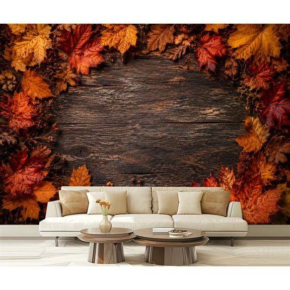 Wall Mural Peel and Stick Fall Rustic Wooden Autumn Leaves Border Self-Adhesive Wallpaper Removable Wall Decal Wall Sticker Home Decor for Living Room Bedroom 100"x144"