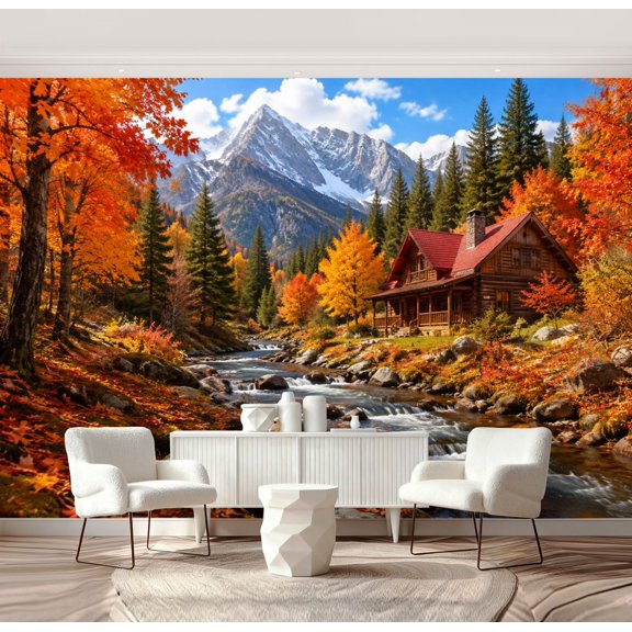 Wall Mural Peel and Stick Fall Scenic Autumn Mountain Landscape Cabin River Self-Adhesive Wallpaper Removable Wall Decal Wall Sticker Home Decor for Living Room Bedroom 69"x96"