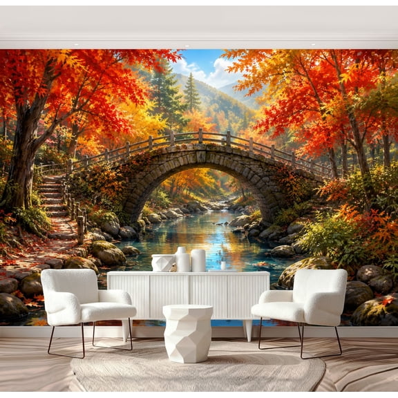 Wall Mural Peel and Stick Fall Stone Bridge Serene Autumn River Vibrant Foliage Sky Self-Adhesive Wallpaper Removable Wall Decal Wall Sticker Home Decor for Living Room Bedroom 69"x96"