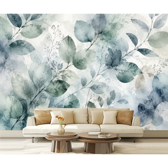 Wall Mural Peel and Stick Fashionable Chic Fall Winter Green Grey Forest Eucalyptus Leaf Self-Adhesive Wallpaper Removable Wall Decal Wall Sticker Home Decor for Living Room Bedroom 100"x144"