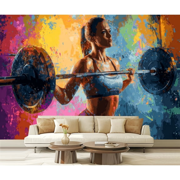 Wall Mural Peel and Stick Female Weightlifter Artistic Gym Setting Colorful Splashes Self-Adhesive Wallpaper Removable Wall Decal Wall Sticker Home Decor for Living Room Bedroom 100"x144"