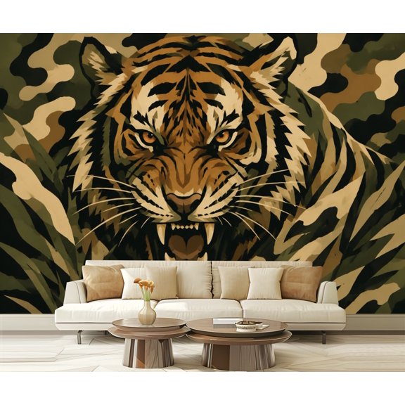 Wall Mural Peel and Stick Fierce Tiger Bold Camouflage Style Jungle Foliage Self-Adhesive Wallpaper Removable Wall Decal Wall Sticker Home Decor for Living Room Bedroom 100"x144"