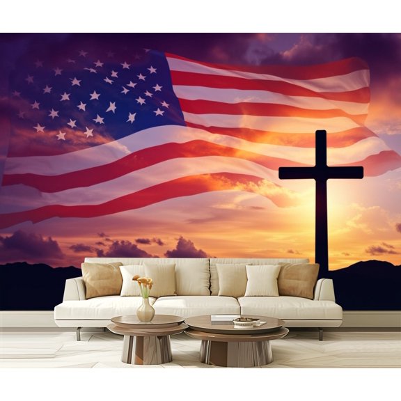 Wall Mural Peel and Stick Flag sunset sky Friday Easter cross Self-Adhesive Wallpaper Removable Wall Decal Wall Sticker Home Decor for Living Room Bedroom 100"x144"