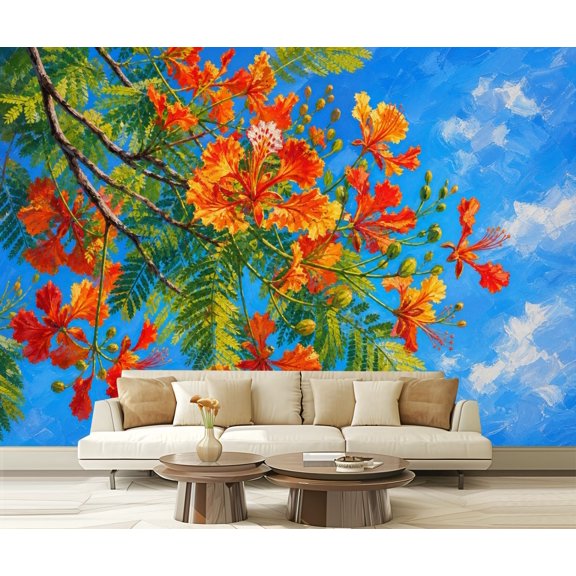 Wall Mural Peel and Stick Flame Tree Branch Vibrant Orange Yellow Blossoms against Blue Sky Self-Adhesive Wallpaper Removable Wall Decal Wall Sticker Home Decor for Living Room Bedroom 100"x144"