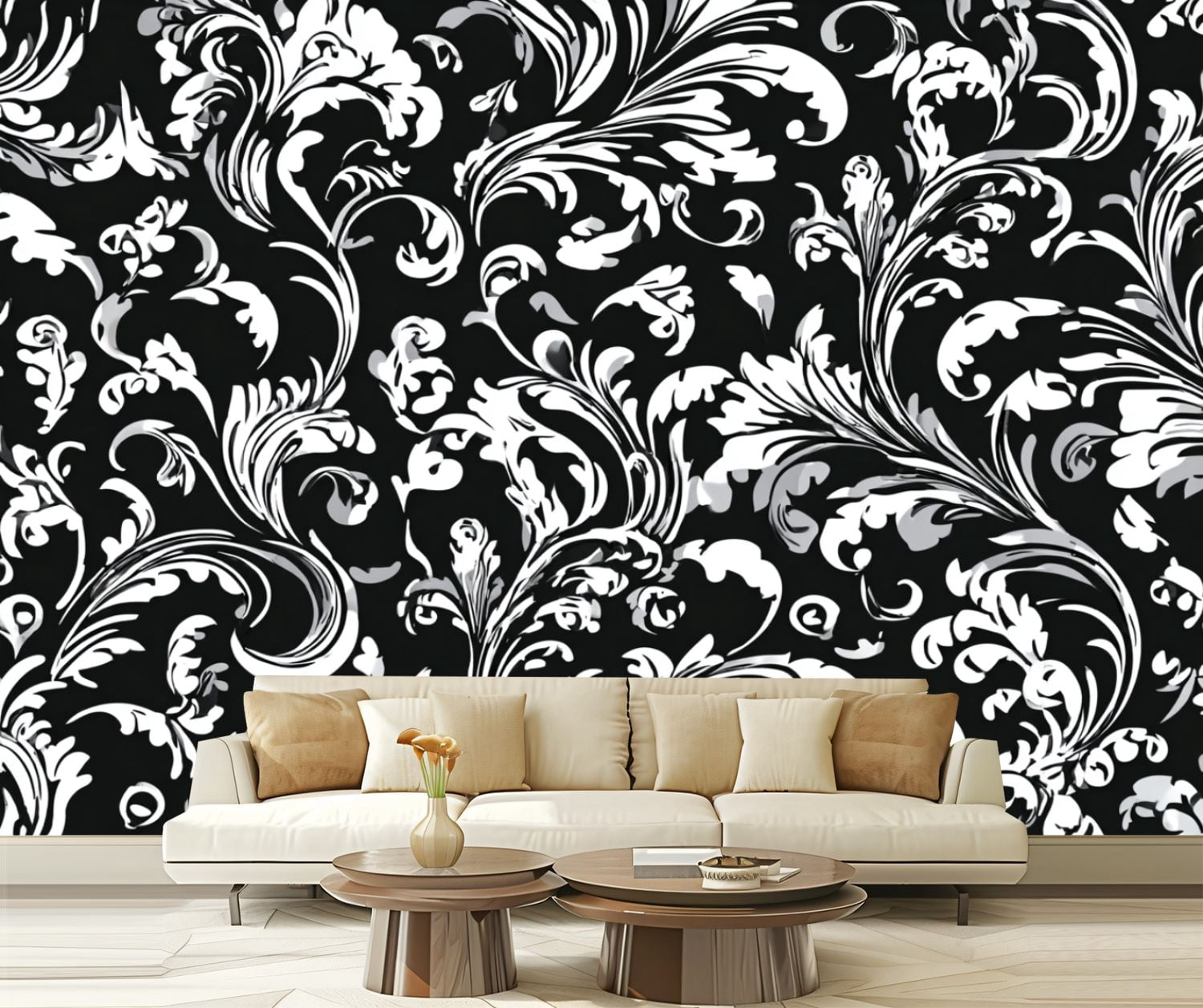 Wall Mural Peel and Stick Floral baroque damask Seamless Black white ornament Self-Adhesive Wallpaper Removable Wall Decal Wall Sticker Home Decor for Living Room Bedroom 100"x144"