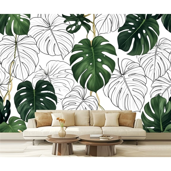 Wall Mural Peel and Stick Floral seamless green black white split leaf Philodendron plant vines Self-Adhesive Wallpaper Removable Wall Decal Wall Sticker Home Decor for Living Room Bedroom 100"x144"