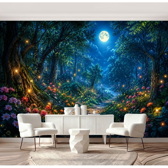 Wall Mural Peel and Stick Forest Glowing Fireflies Full Moonlight Self-Adhesive Wallpaper Removable Wall Decal Wall Sticker Home Decor for Living Room Bedroom 69"x96"
