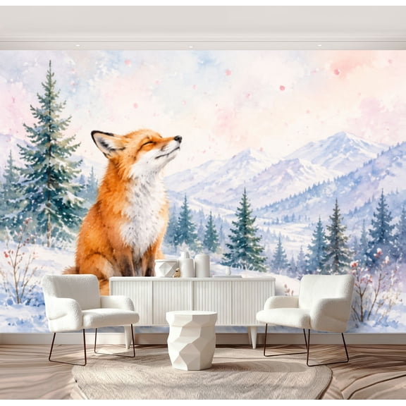 Wall Mural Peel and Stick Fox animal winter landscape Watercolor Wild cute red fox winter forest Self-Adhesive Wallpaper Removable Wall Decal Wall Sticker Home Decor for Living Room Bedroom 69"x96"