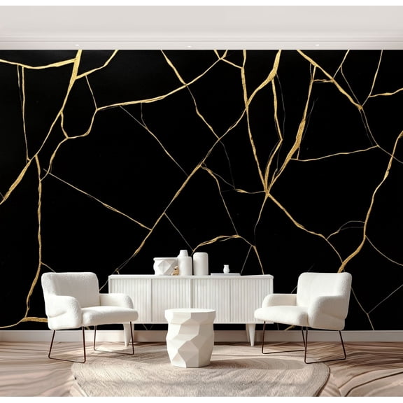 Wall Mural Peel and Stick Gold kintsugi crack seamless black Golden texture Broken marble Self-Adhesive Wallpaper Removable Wall Decal Wall Sticker Home Decor for Living Room Bedroom 69"x96"