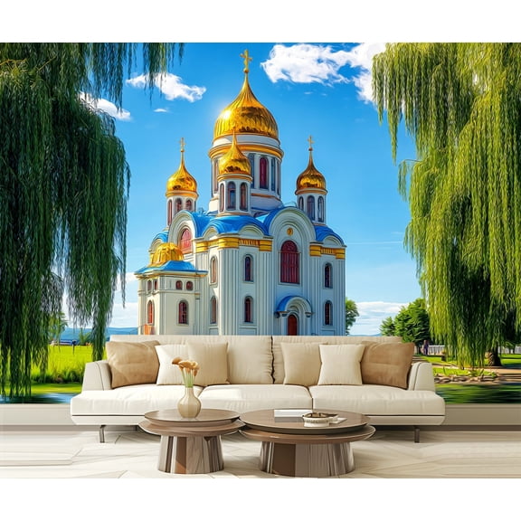 Wall Mural Peel and Stick Golden Domed Russian Orthodox Church by River Greenery Sky Self-Adhesive Wallpaper Removable Wall Decal Wall Sticker Home Decor for Living Room Bedroom 100"x144"