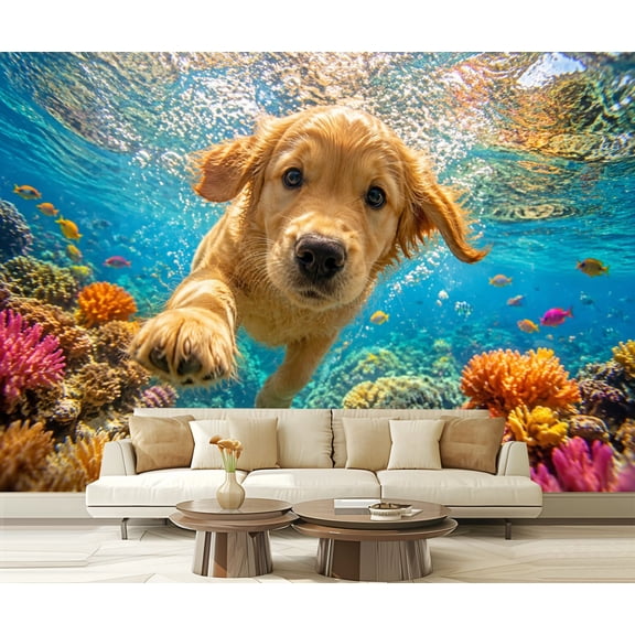 Wall Mural Peel and Stick Golden Retriever Puppy Swimming Underwater Colorful Coral Tropical Self-Adhesive Wallpaper Removable Wall Decal Wall Sticker Home Decor for Living Room Bedroom 100"x144"