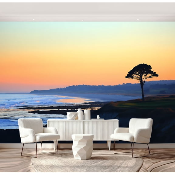 Wall Mural Peel and Stick Golf Course Beach Golf Course Coastline Sunset Tree Silhouette Waves Self-Adhesive Wallpaper Removable Wall Decal Wall Sticker Home Decor for Living Room Bedroom 69"x96"
