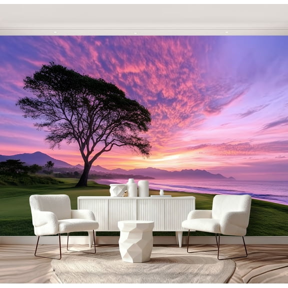 Wall Mural Peel and Stick Golf Course Beach Golf Course Lonely Tree Vibrant Sky Rolling Hills Self-Adhesive Wallpaper Removable Wall Decal Wall Sticker Home Decor for Living Room Bedroom 69"x96"