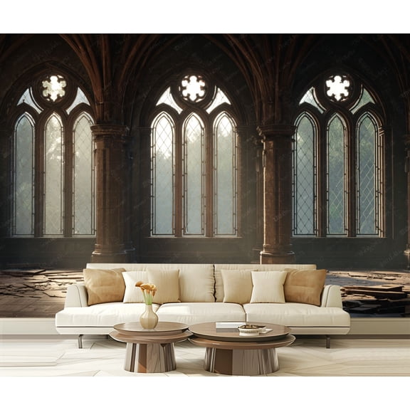 Wall Mural Peel and Stick Gothic Cathedral Interior Arched Windows Sunlight Dusty Ruins Self-Adhesive Wallpaper Removable Wall Decal Wall Sticker Home Decor for Living Room Bedroom 100"x144"