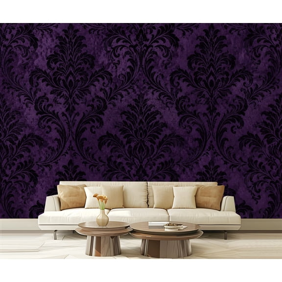 Wall Mural Peel and Stick Gothic Elegant Black Purple Damask Design Self-Adhesive Wallpaper Removable Wall Decal Wall Sticker Home Decor for Living Room Bedroom 100"x144"