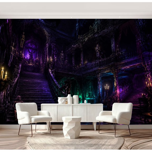 Wall Mural Peel and Stick Gothic Haunted Castle Interior Grand Staircase Dark Purple Fantasy Self-Adhesive Wallpaper Removable Wall Decal Wall Sticker Home Decor for Living Room Bedroom 69"x96"