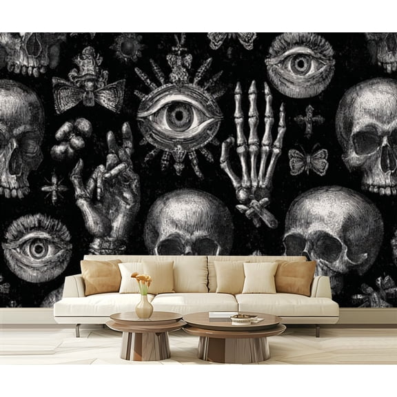 Wall Mural Peel and Stick Gothic Skull Eyeball Bows Skeleton Hands Dark Monochrome Horror Style Self-Adhesive Wallpaper Removable Wall Decal Wall Sticker Home Decor for Living Room Bedroom 100"x144"