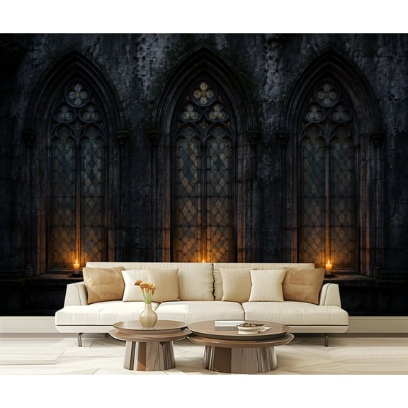 Wall Mural Peel and Stick Gothic Stone Cathedral Windows Warm Candlelight Dark Medieval Self-Adhesive Wallpaper Removable Wall Decal Wall Sticker Home Decor for Living Room Bedroom 100"x144"