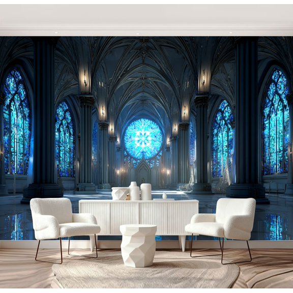 Wall Mural Peel and Stick Grand Gothic Cathedral Interior Stained Glass Reflected Light Self-Adhesive Wallpaper Removable Wall Decal Wall Sticker Home Decor for Living Room Bedroom 69"x96"