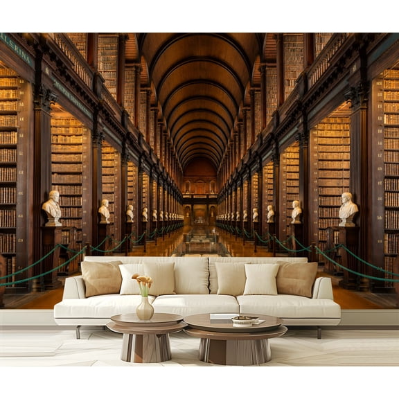 Wall Mural Peel and Stick Grand Historic Library Hall Endless Bookshelves Wooden Arches Self-Adhesive Wallpaper Removable Wall Decal Wall Sticker Home Decor for Living Room Bedroom 100"x144"