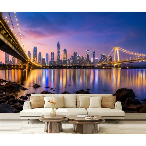 Wall Mural Peel and Stick Guangzhou Skyline Modern Waterfront Twilight Illuminated Bridges Self-Adhesive Wallpaper Removable Wall Decal Wall Sticker Home Decor for Living Room Bedroom 100"x144"