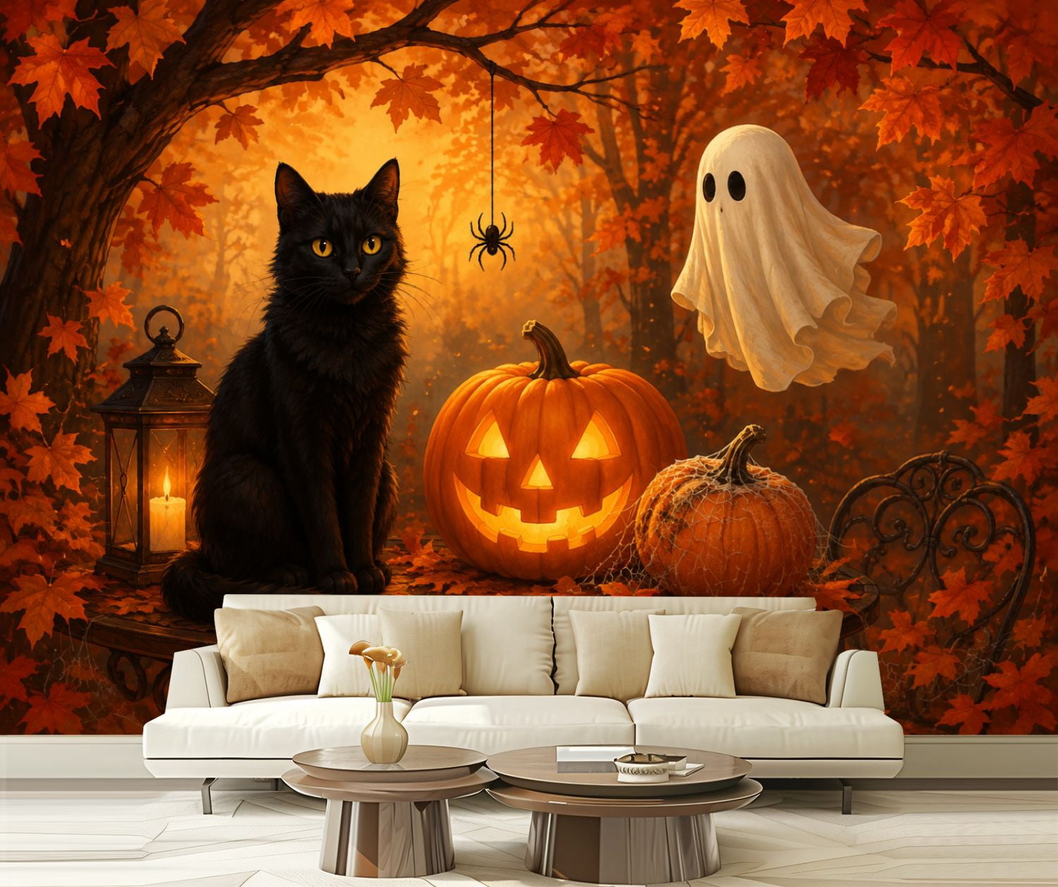 Wall Mural Peel and Stick Halloween Black Cat Lantern Ghost Autumn ...