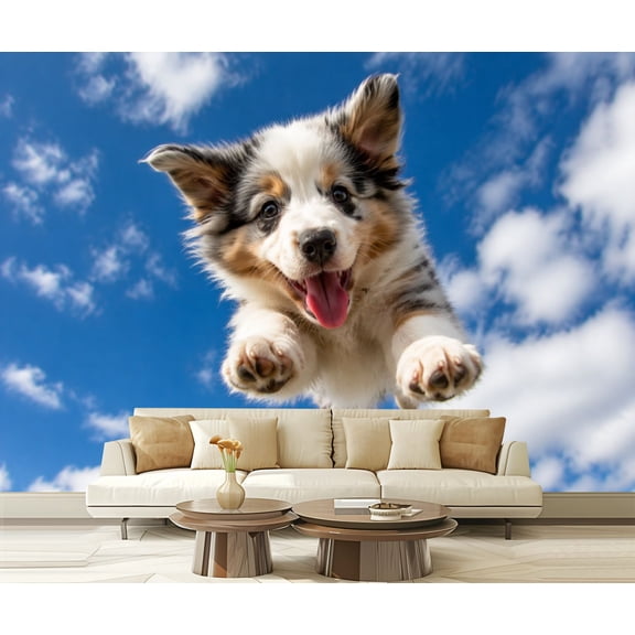 Wall Mural Peel and Stick Happy Border Collie Puppy Jumping Blue Sky Fluffy Fur Playful Outdoor Self-Adhesive Wallpaper Removable Wall Decal Wall Sticker Home Decor for Living Room Bedroom 100"x144"