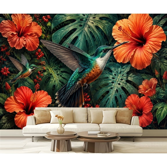 Wall Mural Peel and Stick Hummingbirds Vibrant Orange Hibiscus Flowers Tropical Leaves Self-Adhesive Wallpaper Removable Wall Decal Wall Sticker Home Decor for Living Room Bedroom 100"x144"