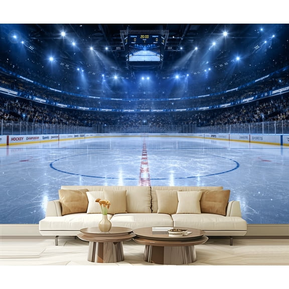 Wall Mural Peel and Stick Ice hockey rink illuminated indoor fans circle view professional ice Self-Adhesive Wallpaper Removable Wall Decal Wall Sticker Home Decor for Living Room Bedroom 100"x144"