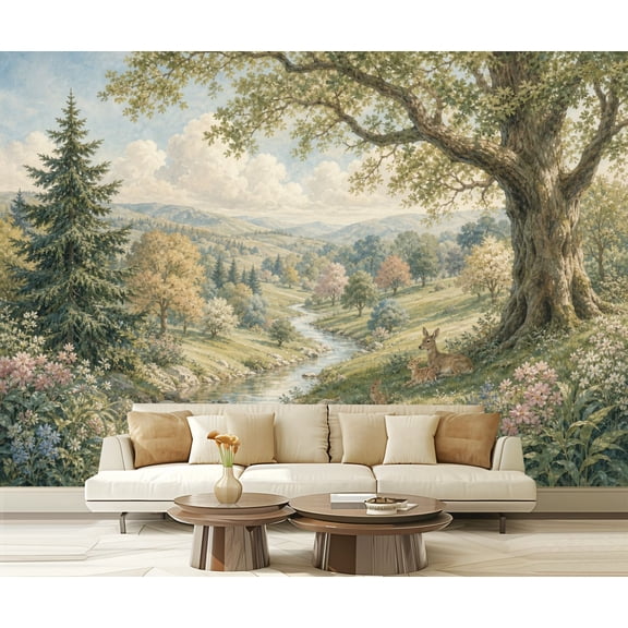 Wall Mural Peel and Stick Idyllic Countryside Landscape Stream Deer Trees Pastel Colors Self-Adhesive Wallpaper Removable Wall Decal Wall Sticker Home Decor for Living Room Bedroom 100"x144"