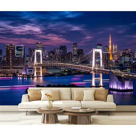 Wall Mural Peel and Stick Illuminated Rainbow Bridge Urban Tokyo Skyline Night Self-Adhesive Wallpaper Removable Wall Decal Wall Sticker Home Decor for Living Room Bedroom 100"x144"